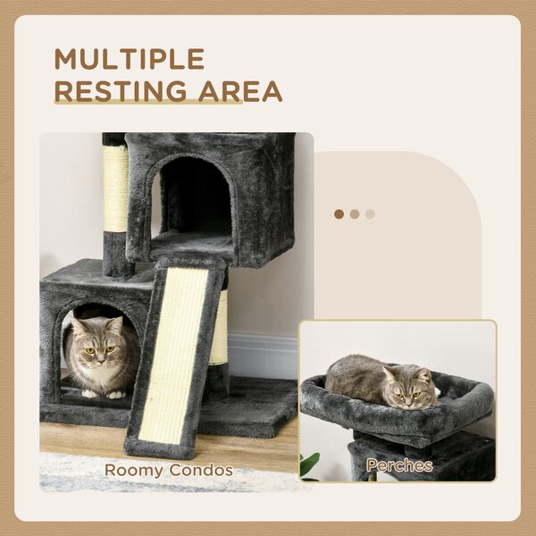 PawHut Cats 3-Tier Sisal Rope Leisure Tree Dark Grey Aosom UK