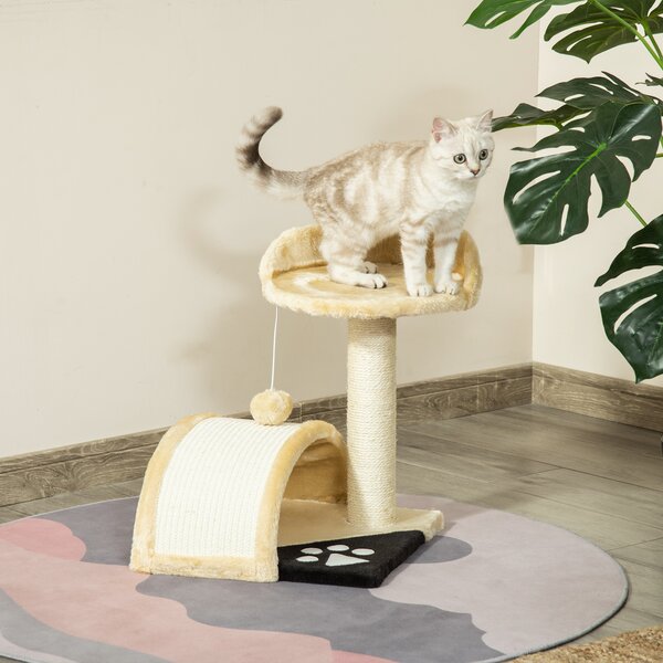 PawHut Cat Scratching Tree, Post with Activity Centre, Climber, Hanging Ball, Plush Cover, Beige Aosom UK