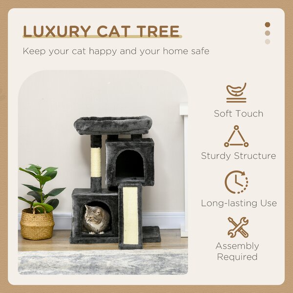 PawHut Cats 3-Tier Sisal Rope Leisure Tree Dark Grey Aosom UK