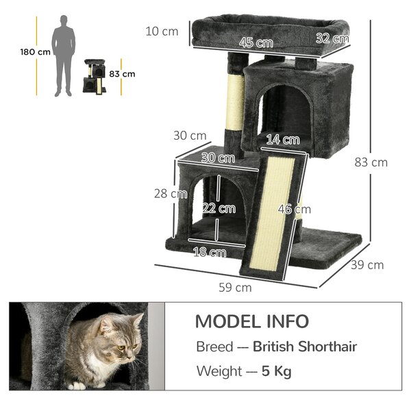 PawHut Cats 3-Tier Sisal Rope Leisure Tree Dark Grey Aosom UK