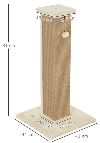 PawHut 81cm Cat Scratcher, Vertical Full Scratcher w/ Natural Jute Rope, Hanging Ball, Soft Plush - Beige