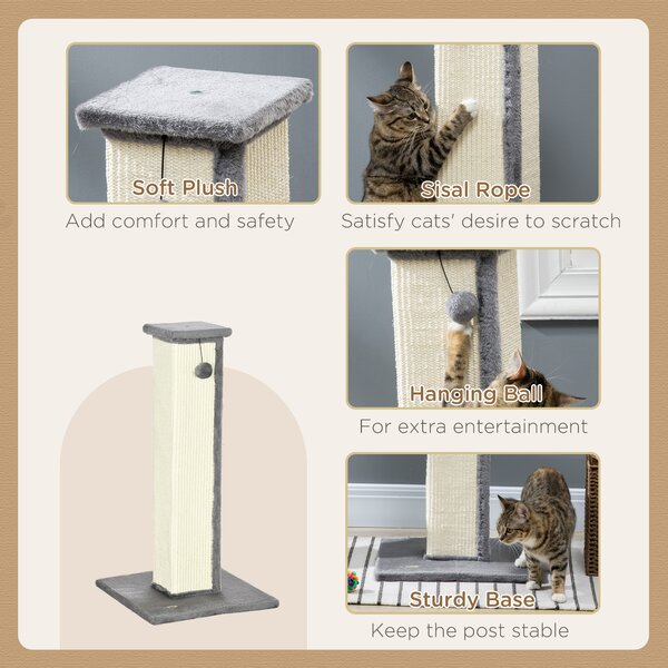 PawHut 81cm Cat Scratcher, Vertical Full Scratcher with Natural Sisal Rope, Hanging Ball and Soft Plush, Grey Aosom UK