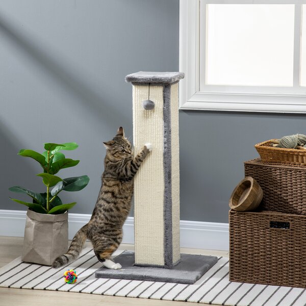 PawHut 81cm Cat Scratcher, Vertical Full Scratcher with Natural Sisal Rope, Hanging Ball and Soft Plush, Grey Aosom UK