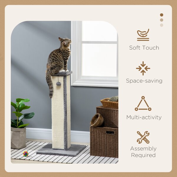 PawHut 81cm Cat Scratcher, Vertical Full Scratcher with Natural Sisal Rope, Hanging Ball and Soft Plush, Grey Aosom UK