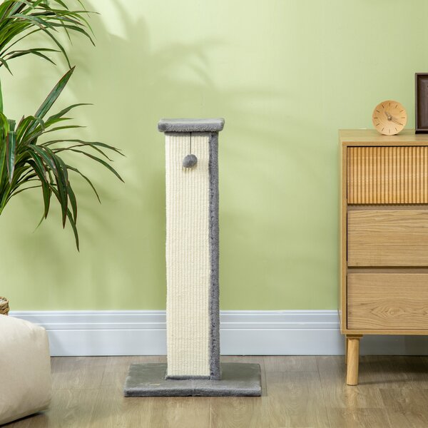 PawHut 81cm Cat Scratcher, Vertical Full Scratcher with Natural Sisal Rope, Hanging Ball and Soft Plush, Grey Aosom UK