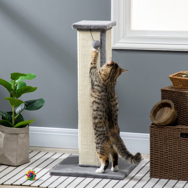 PawHut 81cm Cat Scratcher, Vertical Full Scratcher with Natural Sisal Rope, Hanging Ball and Soft Plush, Grey Aosom UK