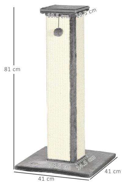 PawHut 81cm Cat Scratcher, Vertical Full Scratcher with Natural Sisal Rope, Hanging Ball and Soft Plush, Grey Aosom UK