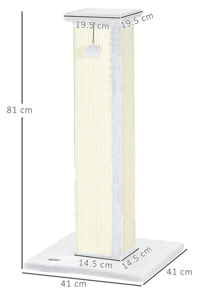 PawHut 81cm Cat Scratcher, Vertical Full Scratcher w/ Natural Sisal Rope, Hanging Ball, Soft Plush - White