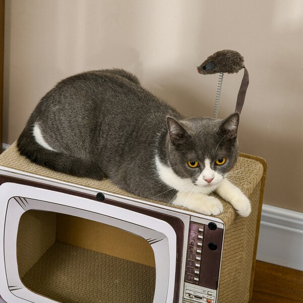 PawHut TV-Shaped Scratching Board with Scratcher, Catnip, Toy Rat, Cat Scratcher for Indoor Cats, 43 x 23 x 32.5cm Aosom UK