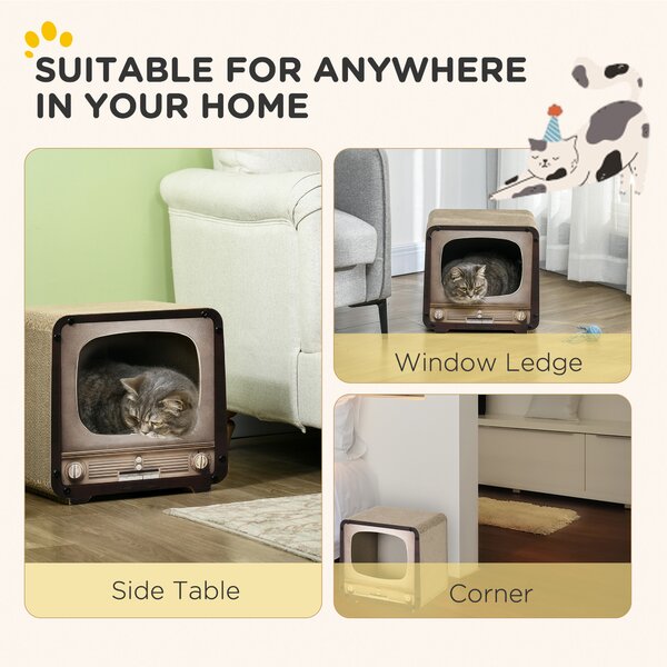 PawHut 2 in 1 TV Shape Cat Scratching Board House with Catnip, for Indoor Cats, Brown Aosom UK