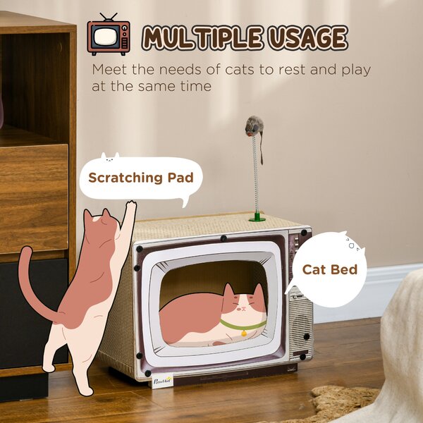 PawHut TV-Shaped Scratching Board with Scratcher, Catnip, Toy Rat, Cat Scratcher for Indoor Cats, 43 x 23 x 32.5cm Aosom UK