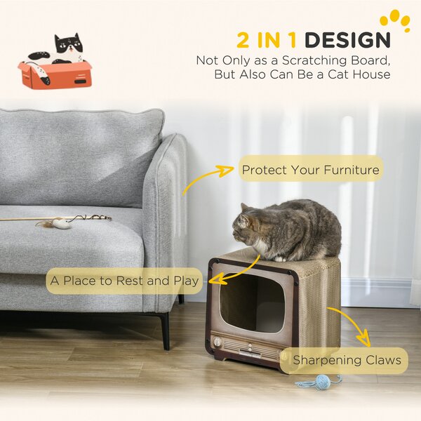 PawHut 2 in 1 TV Shape Cat Scratching Board House with Catnip, for Indoor Cats, Brown Aosom UK