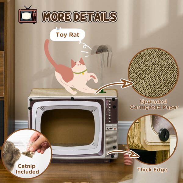 PawHut TV-Shaped Scratching Board with Scratcher, Catnip, Toy Rat, Cat Scratcher for Indoor Cats, 43 x 23 x 32.5cm Aosom UK
