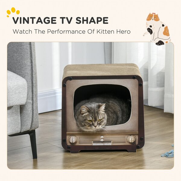 PawHut 2 in 1 TV Shape Cat Scratching Board House with Catnip, for Indoor Cats, Brown Aosom UK