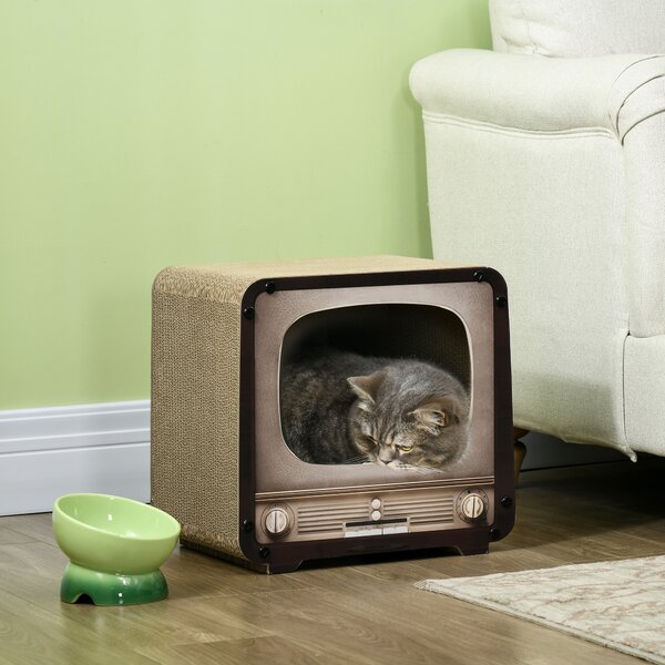 PawHut 2 in 1 TV Shape Cat Scratching Board House with Catnip, for Indoor Cats, Brown Aosom UK