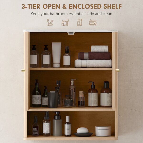 HOMCOM Bathroom Wall Cabinet with Adjustable Shelf - Oak