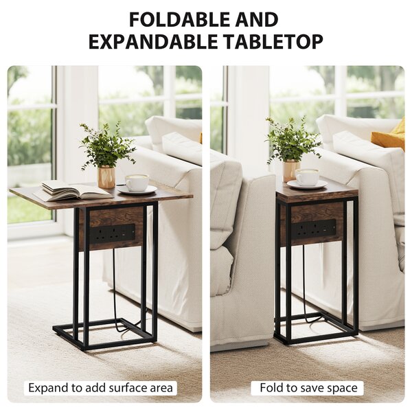 HOMCOM Compact Table with Charging Station & Foldable Top, Home Storage Table for Living Room & Bedroom, Rustic Brown Aosom UK