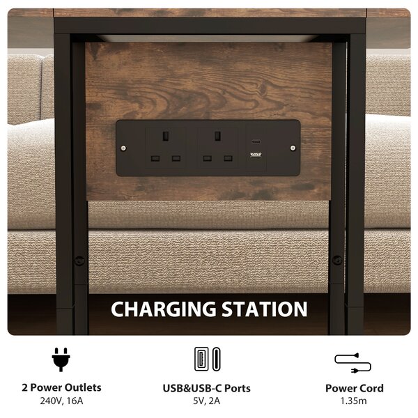 HOMCOM Compact Table with Charging Station & Foldable Top, Home Storage Table for Living Room & Bedroom, Rustic Brown Aosom UK