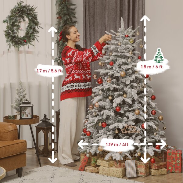 HOMCOM 6 ft Artificial Flocked Christmas Tree with 1182 Branches, Hinged Xmas Tree with Foldable Metal Stand, Easy Assembly for Home Office Decor
