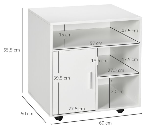 HOMCOM Mobile Printer Stand with Multiple Storage, Office Desk Side Unit on Wheels, Modern Design, 60L x 50W x 65.5H cm, White Aosom UK