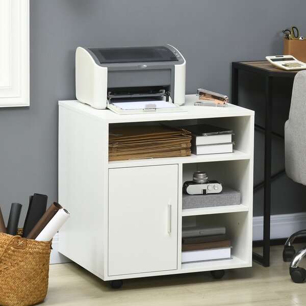 HOMCOM Mobile Printer Stand with Multiple Storage, Office Desk Side Unit on Wheels, Modern Design, 60L x 50W x 65.5H cm, White Aosom UK