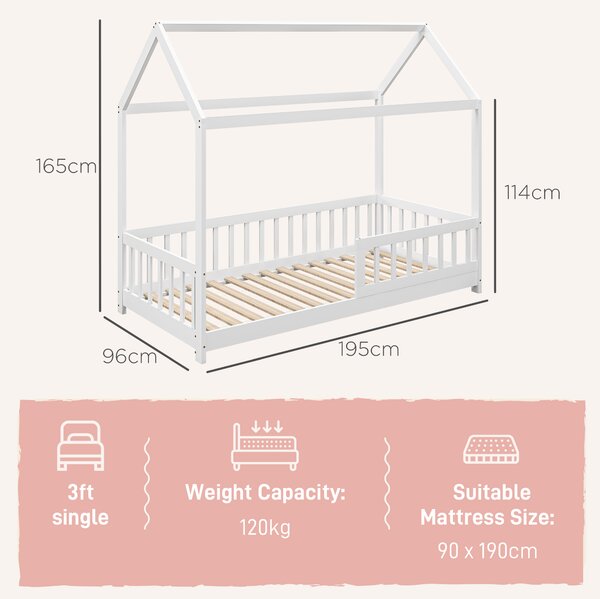 HOMCOM House-Shaped Kids Bed Frame with Safety Fence, Solid Pine Wood Single Bed Frame for Kids Boys and Girls