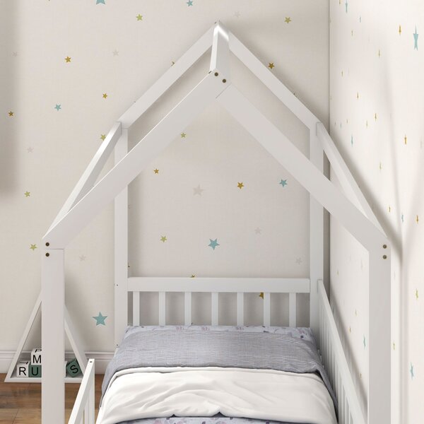 HOMCOM House-Shaped Kids Bed Frame with Safety Fence, Solid Pine Wood Single Bed Frame for Kids Boys and Girls