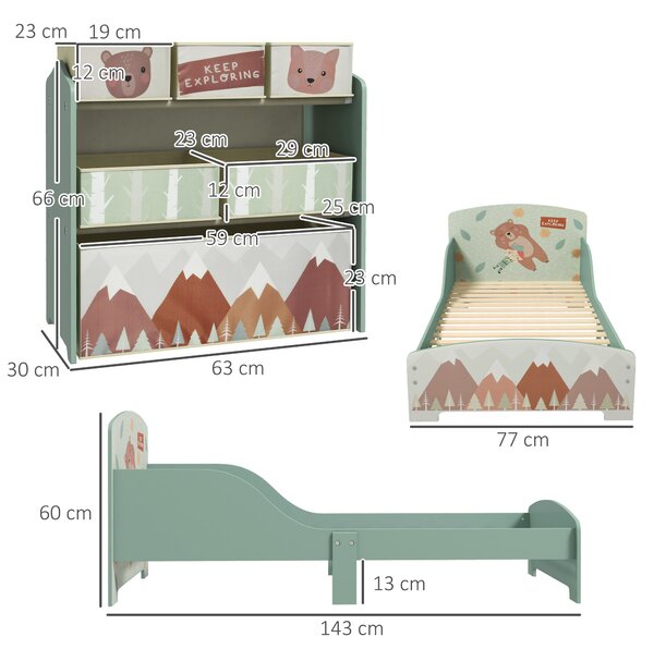 ZONEKIZ Toddler Bed Frame, Kids Storage Shelf Unit with 6 Fabric Bins for Ages 3-6 Years, Green Aosom UK