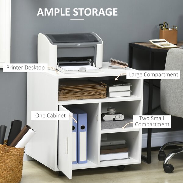 HOMCOM Mobile Printer Stand with Multiple Storage, Office Desk Side Unit on Wheels, Modern Design, 60L x 50W x 65.5H cm, White Aosom UK