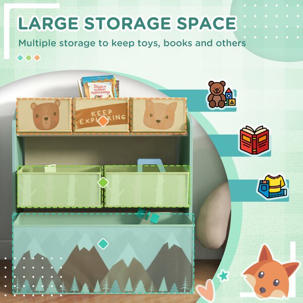 ZONEKIZ Toddler Bed Frame, Kids Storage Shelf Unit with 6 Fabric Bins for Ages 3-6 Years, Green Aosom UK