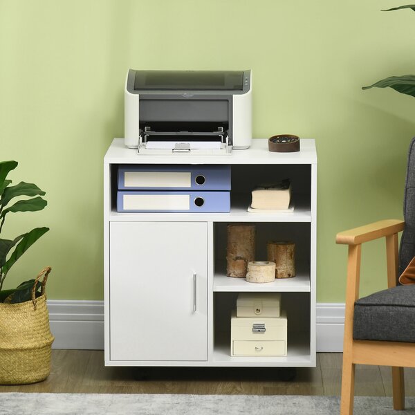 HOMCOM Mobile Printer Stand with Multiple Storage, Office Desk Side Unit on Wheels, Modern Design, 60L x 50W x 65.5H cm, White Aosom UK