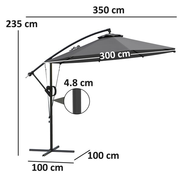 Outsunny 3(m) Garden Cantilever Parasol with Cover and Wind Protection Strap, Round Overhanging Umbrella with Crank Handle and Tilt, Banana Patio Umbrella for Outdoor Sun Shade, UPF50+, Grey