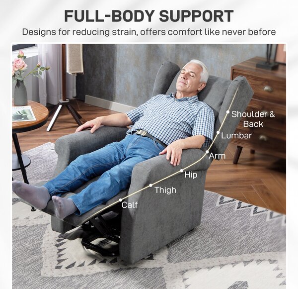 HOMCOM Power Lift Recliner Armchair, Electric Lift Chair for Elderly, Fabric Riser and Reclining Chair with Remote Control, Side Pockets, Extended Footrest, for Living Room, Charcoal Grey