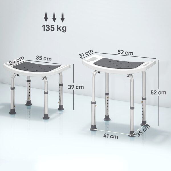 HOMCOM 6-Level Height Adjustable Aluminium Bath Room Stool Chair Shower Non-Slip Design w/ Padded Seat Drainage Holes Foot Pad, Grey