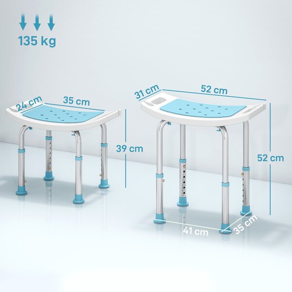 HOMCOM 6-Level Height Adjustable Aluminium Bath Room Stool Chair Shower Non-Slip Design w/ Padded Seat Drainage Holes Foot Pad, Turquoise