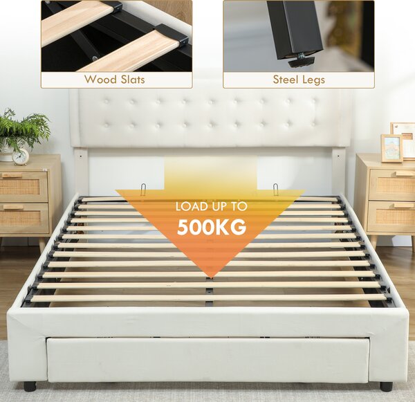 HOMCOM King Size Ottoman Bed Frame, with Front Drawer - Cream