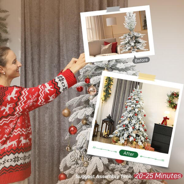 HOMCOM 6ft Super Flocked Christmas Tree - Green/White