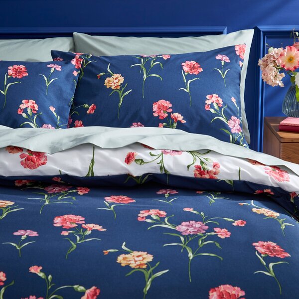 Carnation Bloom Navy Duvet Cover and Pillowcase Set