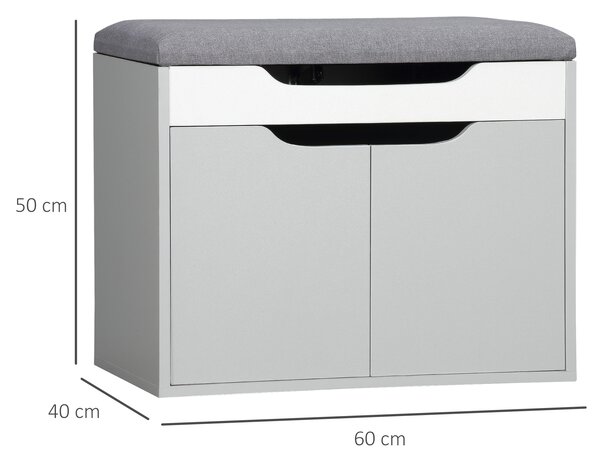 HOMCOM Shoe Bench with Cushion, Modern Storage Bench with Padded Seat, 2-tier Cabinet, Hidden Storage, Adjustable Shelf for Living Room, Light Grey