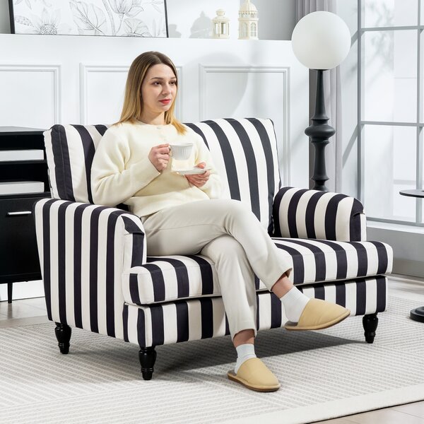 HOMCOM Modern Accent Chair, Velvet Single Sofa Armchair with Stripe, Turned Legs and Wide Seat, Upholstered Snuggle Chair for Living Room, Bedroom, Black and White