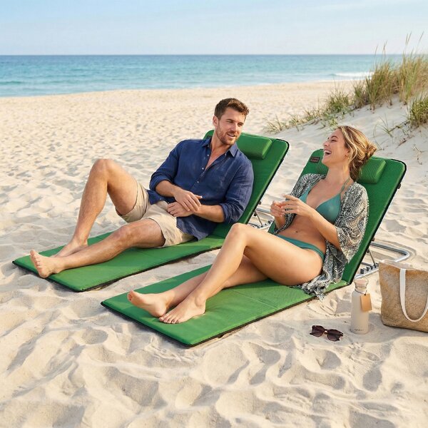 Outsunny Reclining Beach Duo: Metal Frame Loungers with PE Fabric, Includes Pillows, 2 Pieces, Green Aosom UK