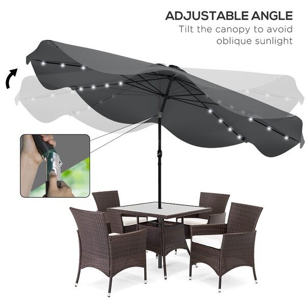 Outsunny Solar Patio Umbrella with LED and Tilt, Outdoor Market Table Umbrella Parasol with Crank, 3 x 3 (m), Dark Grey