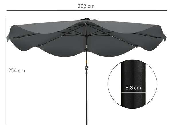 Outsunny Solar Patio Umbrella with LED and Tilt, Outdoor Market Table Umbrella Parasol with Crank, 3 x 3 (m), Dark Grey