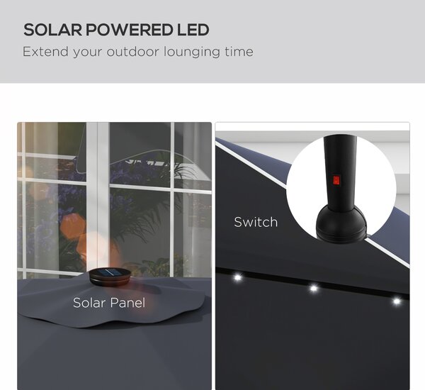 Outsunny Solar Patio Umbrella with LED and Tilt, Outdoor Market Table Umbrella Parasol with Crank, 3 x 3 (m), Dark Grey