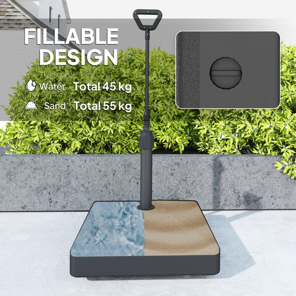 Outsunny Garden Parasol Base with Adjustable Wheels and Handle, Garden Sun Umbrella Base Parasol Stand, Filled Up to 55kg Stand/45kg Water, Black