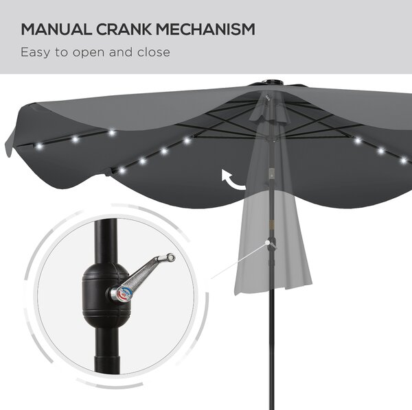 Outsunny Solar Patio Umbrella with LED and Tilt, Outdoor Market Table Umbrella Parasol with Crank, 3 x 3 (m), Dark Grey