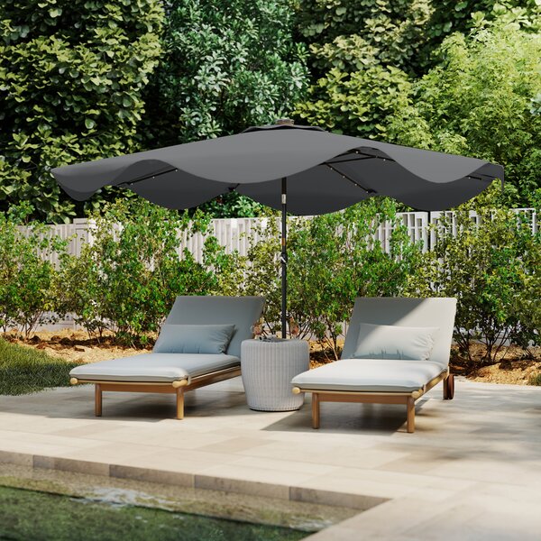 Outsunny Solar Patio Umbrella with LED and Tilt, Outdoor Market Table Umbrella Parasol with Crank, 3 x 3 (m), Dark Grey