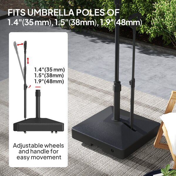 Outsunny Garden Parasol Base with Adjustable Wheels and Handle, Garden Sun Umbrella Base Parasol Stand, Filled Up to 55kg Stand/45kg Water, Black