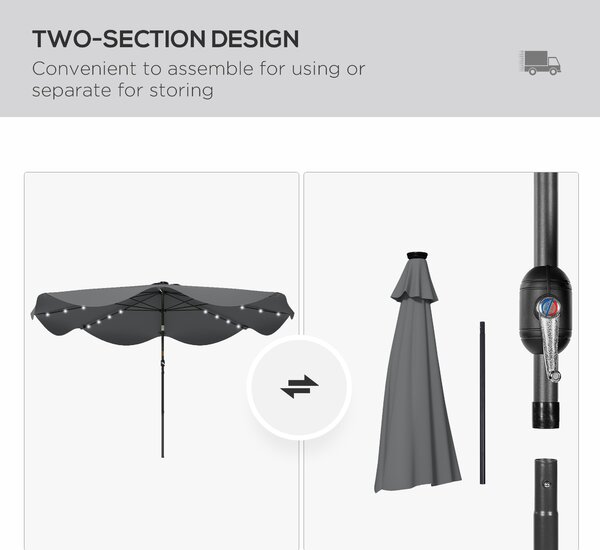 Outsunny Solar Patio Umbrella with LED and Tilt, Outdoor Market Table Umbrella Parasol with Crank, 3 x 3 (m), Dark Grey