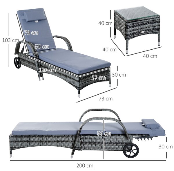 Outsunny 3 Pieces Rattan Sun Loungers, Garden Wicker Wheeling Recliner , PE Rattan Lounge Chairs w/ Cushions & Side Coffee Table Grey Aosom UK